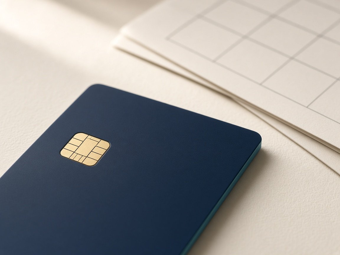 A navy card with a gold chip on cream paper