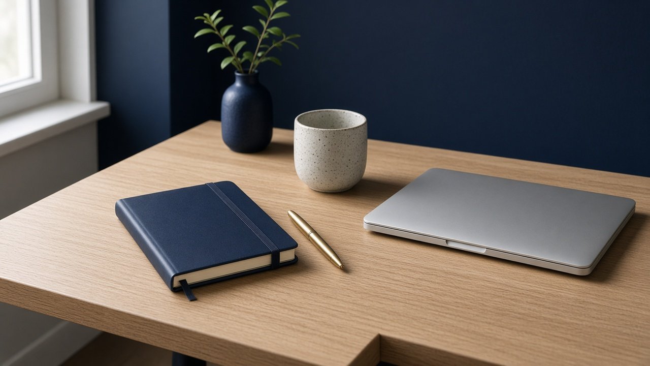 A quiet desk with a notebook and a laptop