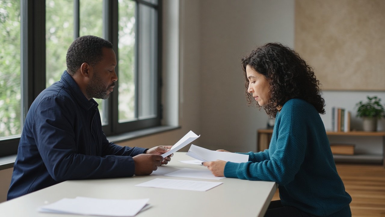 Two people reviewing pages beside a window